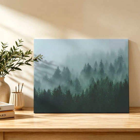 Fog Forest Canvas Wall Art, Rustic Zen Ridge Green Misty Evergreens Pine Tree Wall Art Prints Artwork Framed Canvas Ready to Hang Art Pictures for Bathroom Bedroom Entry Desk Corner 10" x 8"