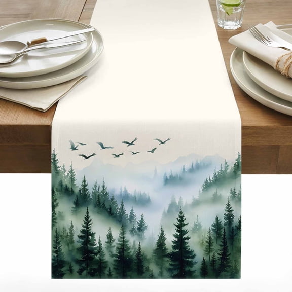 Fog Forest Cotton Linen Table Runner Abstract Mystery Spring Dark Green Tree Bird Forest Dining Table Runners for Home Decor Party Dining Room Restaurant Kitchen 13" x 36"