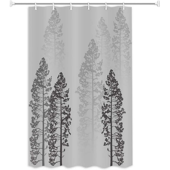 Fog Forest Grey Shower Curtain for Bathroom, Misty Jungle Pine Trees Plant Design Cloth Curtains Set, 72X72in