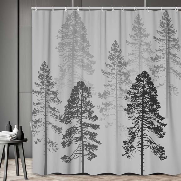 Fog Forest Grey Shower Curtains for Bathroom, Misty Jungle Pine Trees Plant Design Cloth Curtains Set 69x70 Inch, Gray