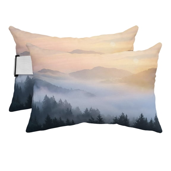 Fog Forest Outdoor Pillows for Chaise Lounge Chair Beach Headrest Pillow Set of 2 Waterproof Lumbar Pillows with Insert&Adjustable Elastic Strap Misty Mountains Pines Tree Moody Pool Pillow 11"x16"