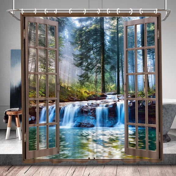Fog Forest Waterfall Landscape Shower Curtain - Green Tree Sunlight Spring Plant Theme, Polyester Fabric, Includes Hooks, 70W x 70H Inch, Perfect for Nature-Lovers, Adds a Serene Forest Feel