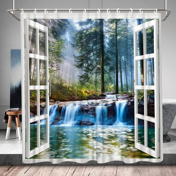 Fog Forest Waterfall Scenery Shower Curtain - Green Tree Sunlight Spring Landscape, Nature Plant Theme Polyester Fabric, Includes Hooks, 36W x 70H Inch, Ideal for Nature-Lovers' Bathrooms, Adds a Sere