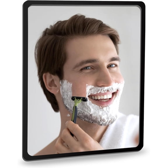 Fog Free Shower Mirror (9 * 7 inch) 3M Adhesive Anti-Fog Bathroom Wall Mirror, Fogless Shower Makeup Mirror for Shaving, Shatterproof Glassless Child Safe Mirror (Rectangular Black Frame)
