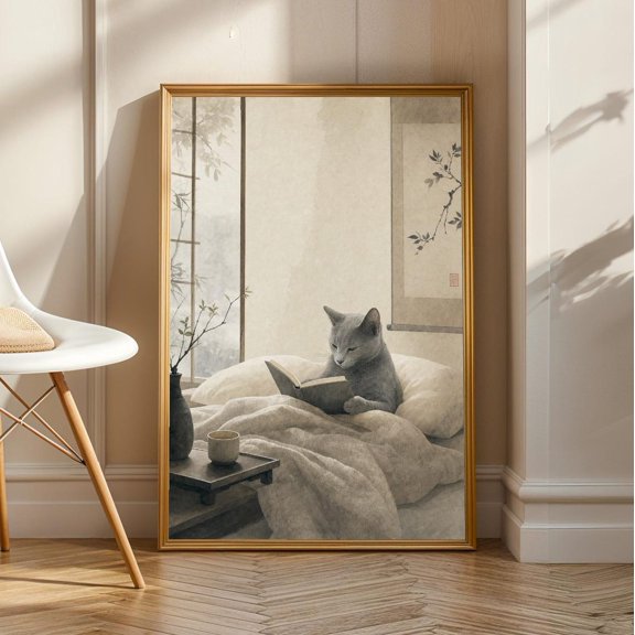 Fog Gray Zen Cat Wall Art Print, Unframed Paper Poster 11x14in