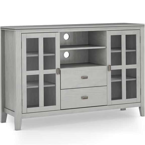 Fog Grey Tall TV Stand for TVs Up to 60" with Drawers & Glass Doors, Solid Wood Media Console