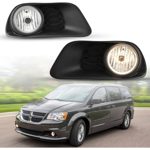 Fog Light Set for 2011-2020 Dodge Grand Caravan w/Bulb + Black Bezel Cover + Wiring Harness Kit + Universal Switch, Fog Light Lamp Assembly, Clear Lens