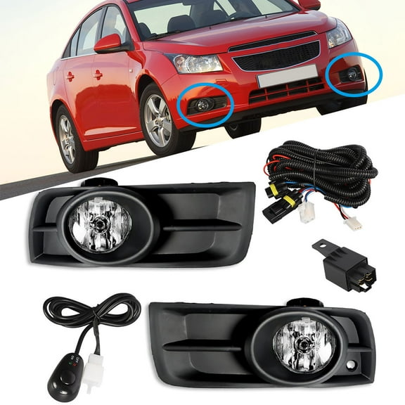 Fog Lights Assembly Replacement for 2010-2014 Chevy Cruze Clear Lens with Bulbs + Bezel Front Driving Fog Light Left+Right Side (Passenger & Driver Side)