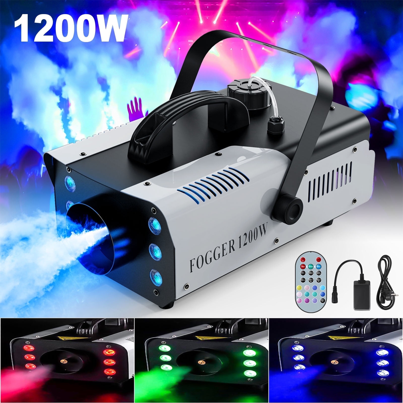 Fog Machine 1200W and 6000CFM Smoke Machine with Wireless Remote Control and 6 Colorful LED Lights for Christmas Thanksgiving Wedding Stage Effect DJ Disco Party Stage