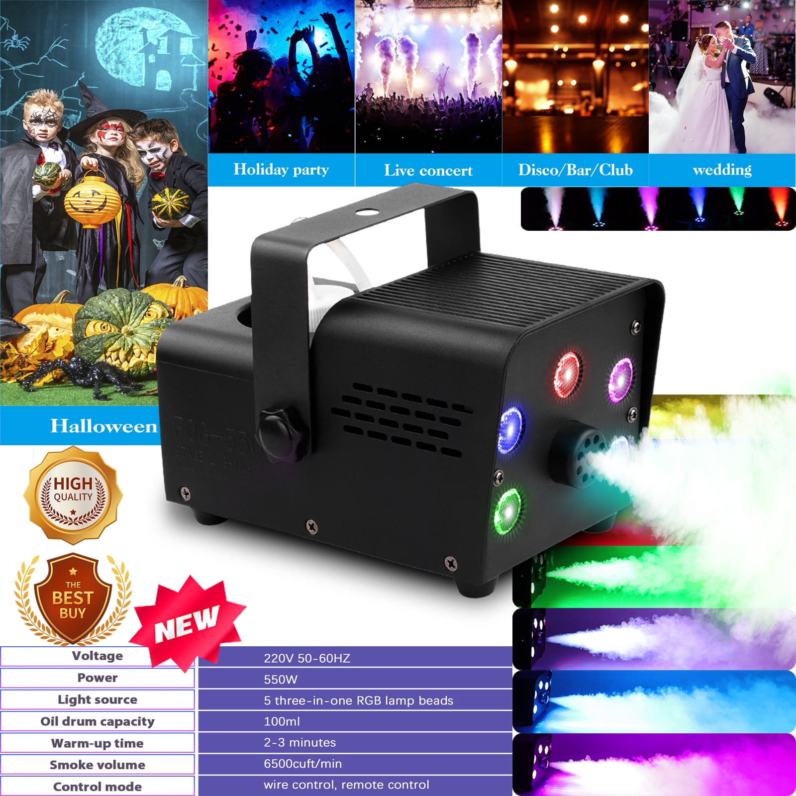 Fog Machine 500W Fog Machine with LED and Wireless Remote Control RGB