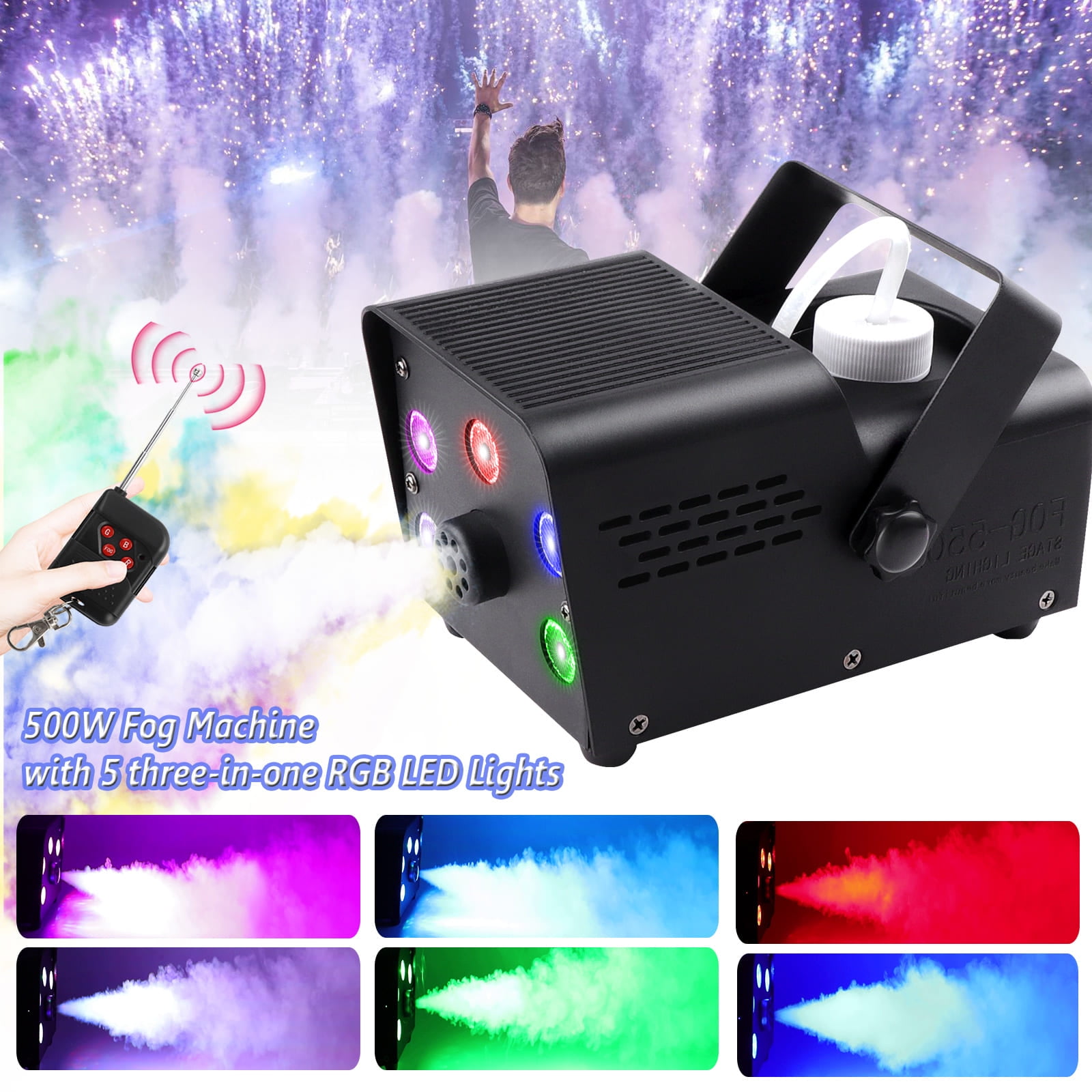 Fog Machine,500W Smoke Machine with 5 threeinone RGB LED Light Effect