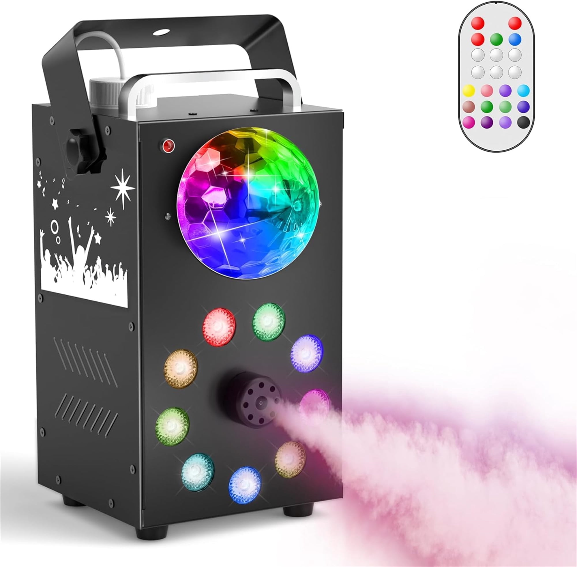 Fog Machine, Smoke Machine with Disco Ball Lights and 9 LED Lights, 700W Fog Machine  with Wireless Remote Control,  for Christmas Party/Wedding/Stage Show/Party Supplies