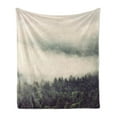 thumbnail image 1 of Fog Soft Flannel Fleece Throw Blanket, Evergreen Forests on Mountain Slopes Dense Trees with Misty View, Cozy Plush for Indoor and Outdoor Use, 60" x 80", Reseda Green Dark Green, by Ambesonne, 1 of 5