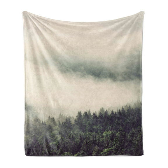 Fog Soft Flannel Fleece Throw Blanket, Evergreen Forests on Mountain Slopes Dense Trees with Misty View, Cozy Plush for Indoor and Outdoor Use, 60" x 80", Reseda Green Dark Green, by Ambesonne