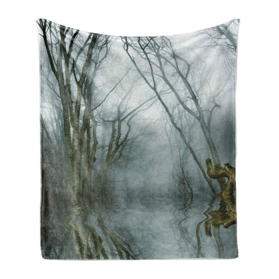 Fog Soft Flannel Fleece Throw Blanket, Evil Dark Forest Photo with Trees in Water Cold Winter Spooky View Mystery Print, Cozy Plush for Indoor and Outdoor Use, 60" x 80", Multicolor, by Ambesonne