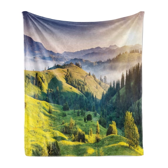 Fog Soft Flannel Fleece Throw Blanket, Sunrise Photo of Grassy Landed Hills with Sky of Sunbeams Picturesque Green Scenery, Cozy Plush for Indoor and Outdoor Use, 70" x 90", Multicolor, by Ambesonne