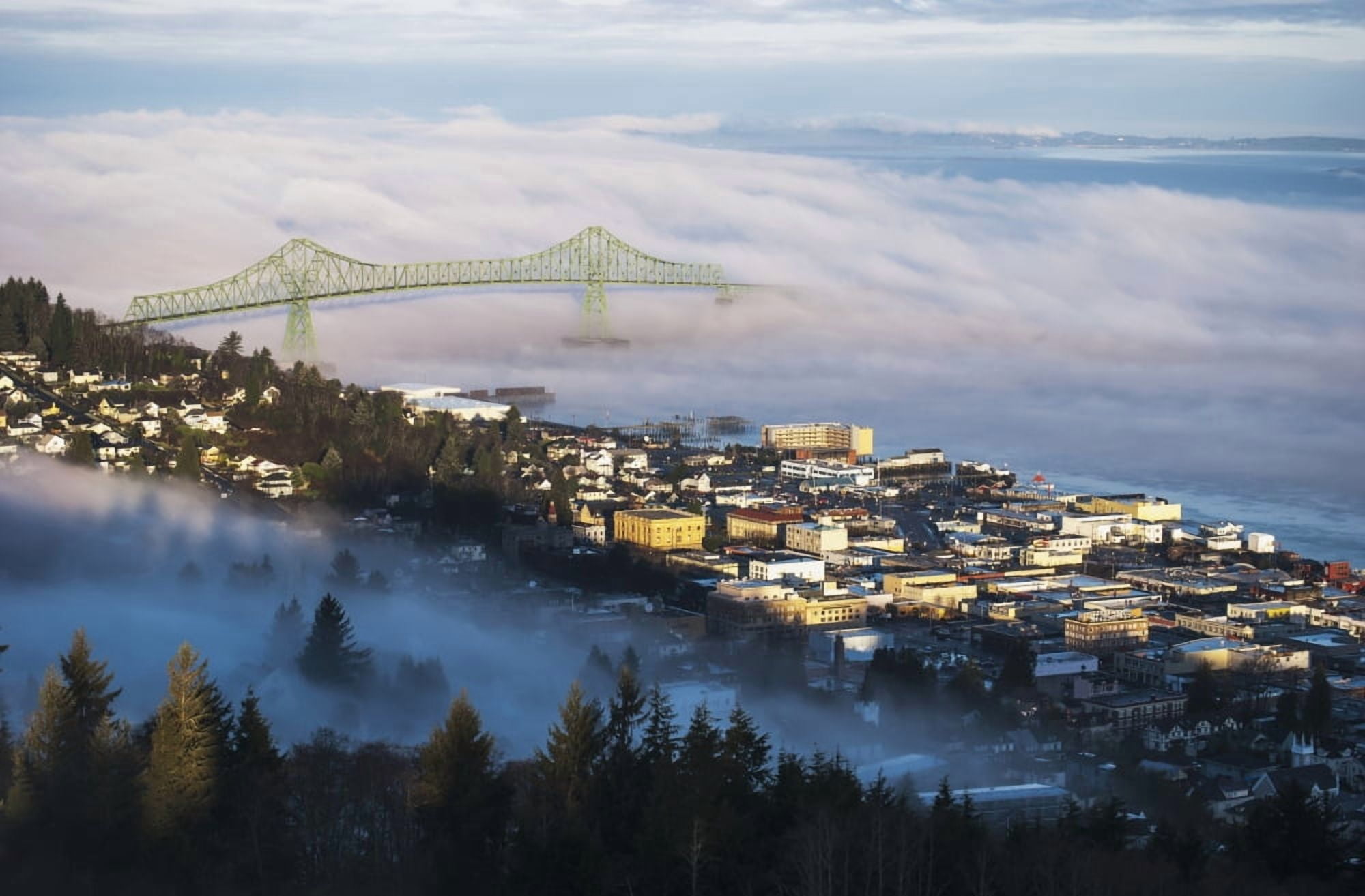 Fog hovers over the Columbia River Astoria Oregon United States of America Canvas Art - Robert L Potts Design Pics (38 x 24)