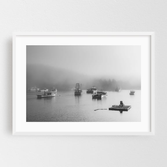 Fog in Cutler B&W - Cutler Maine Photography Black and White Harbor Boat Coastal Scenic Nature Minimalist White Framed Wall Art Print 5 x 7 inches