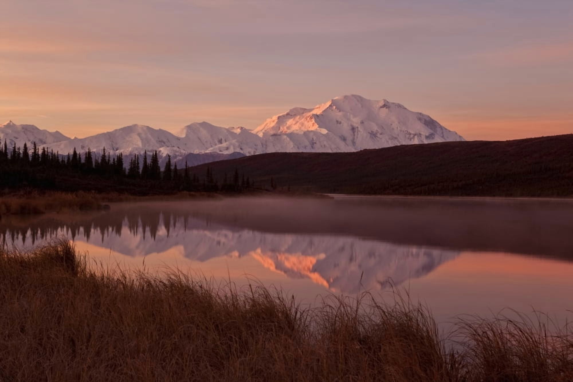 Fog rising off Wonder Lake at dawn with Denali in background Denali National Park and Preserve Interior Alaska USA Canvas Art - Gary Schultz Design Pics (19 x 12)