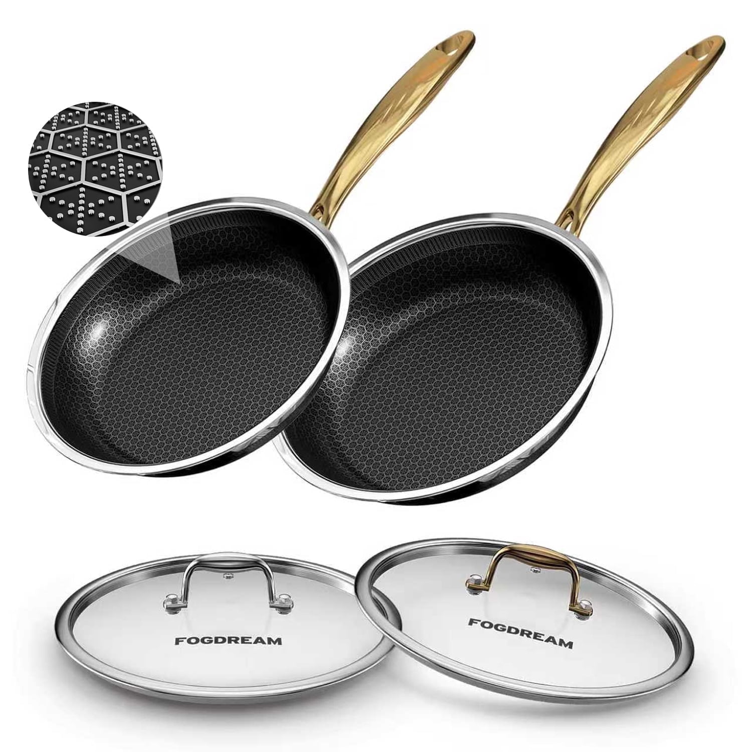 FogDream Non Stick Frying Pans Set, 10 & 11 Inch Tri-Ply  Stainless Steel Pans with Lids  for All Cooktops, Dishwasher & Oven-Safe Cooking Pan,Gold