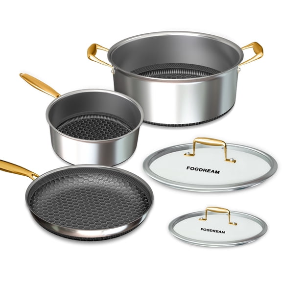 FogDream 5pcs Nonstick Cookware Set, Tri-Ply Stainless Steel ,9.5in Fry Pan, 5-Quart Soup Pot & 2.3-Quart Sauce Pan,Dishwasher & Oven Safe, Induction Compatible, Gold