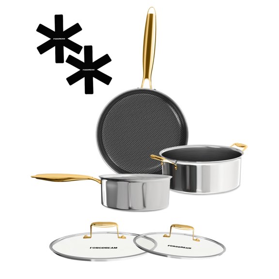 FogDream 3-Piece Nonstick Cookware Set, 9.5in Fry Pan, 5-Quart Soup Pot & 2.3-Quart Sauce Pan, Tri-Ply Stainless Steel, Dishwasher & Oven Safe, Induction Compatible, Gold
