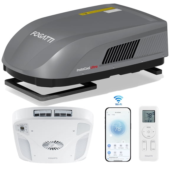 Fogatti InstaCool Ultra Rooftop RV Air Conditioner with Heat Pump, 16,000 BTU Cooling with 12,500 Heating, Gray, Non-Ducted with Ceiling Mounting Kit,