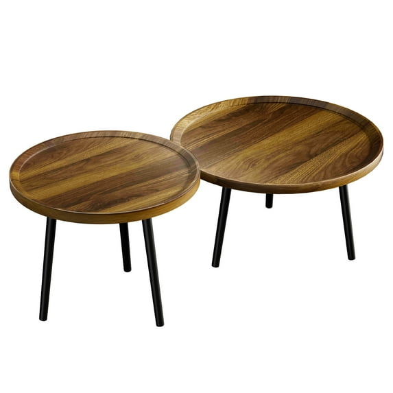 Fogcroll 2-Piece Coffee Table Set Tea Table Combo Mid Century Round Nesting Side Table Set,Easy Assembly (Brown,2 Sizes)
