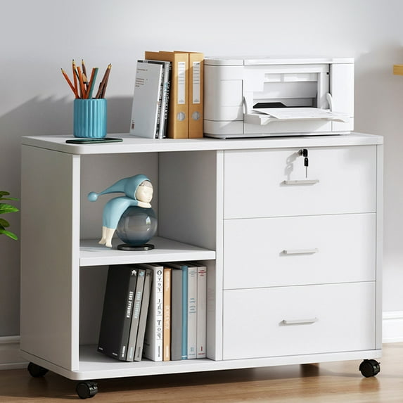 Fogcroll 3-Drawer Wood File Cabinet Storage Cabinet, Mobile Lateral Filing Cabinet, Printer Stand with Open Storage Shelves Easy Assemble 150lb for Home Office