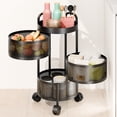 thumbnail image 1 of Fogcroll 3-Tier Rotating Kitchen Storage Rack Round Metal Storage Basket Shelves Rotating Tower Organizer with Rolling Wheels No Assembly Hollow Mesh Heighten Guardrail for Fruit Vegetable Grocery, 1 of 13
