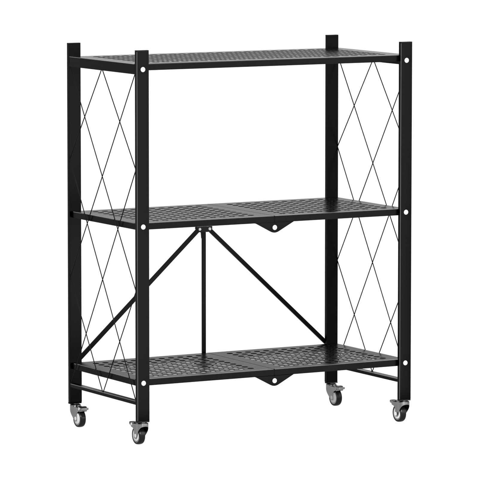 DEANIC 3 Tier Foldable Storage Shelves With Wheels, Kitchen Appliance Stand, Freestanding Metal Wire Shelf Rack, No Assembly Organizer Rolling Cart For Garage, Basement, Pantry (Black - View #9