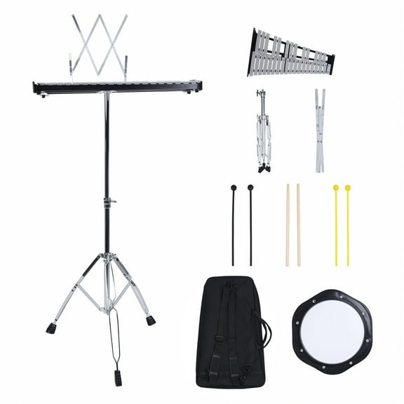 Fogcroll 32 Notes Glockenspiel Xylophone Bell Kit Aluminum Plate Percussion Instruments with Adjustable Height Stand, Practice Pad Mallets and Wooden Drumsticks, Portable Carrying Bag