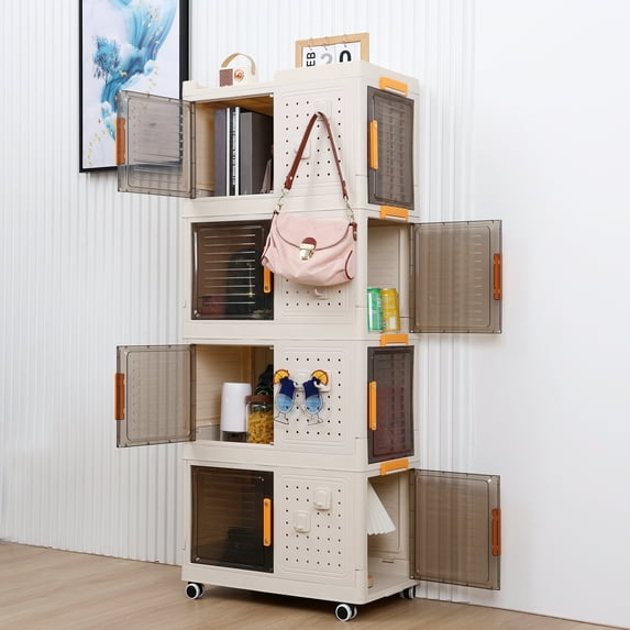 Fogcroll 4 Tier Storage Bins with Lids Stackable Storage Containers with Wheels Folding Storage Boxes Collapsible Storage Bins Closet Organizers and Storage for Living Room,Office,Dorm