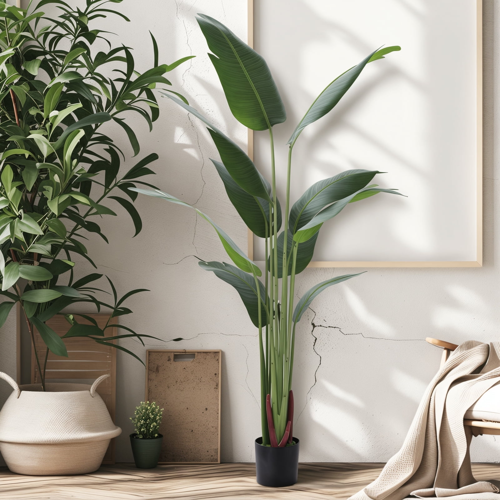 5.2 FT Tall Artificial Bird Of Paradise Plant - PVC Faux Palm Tree In Plastic Pot For Home & Office Decor