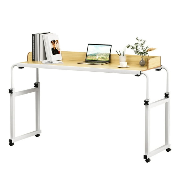 Fogcroll Adjustable Overbed Bedside Table Pneumatic Mobile Standing Desk Laptop Desk with Wheels,Rolling Computer Cart Movable Overbed Table Raised Baffle 140x40cm