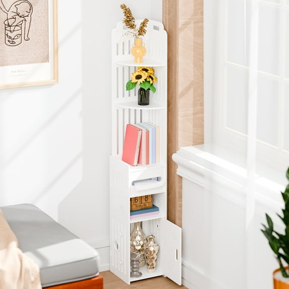 Fogcroll Bathroom Storage Cabinet Bathroom Organizers and Storage over the Toilet Storage Cabinet for Skinny Bathroom Storage Corner Floor Slim Toilet Paper Storage Cabinet with 2 Doors and Shelves