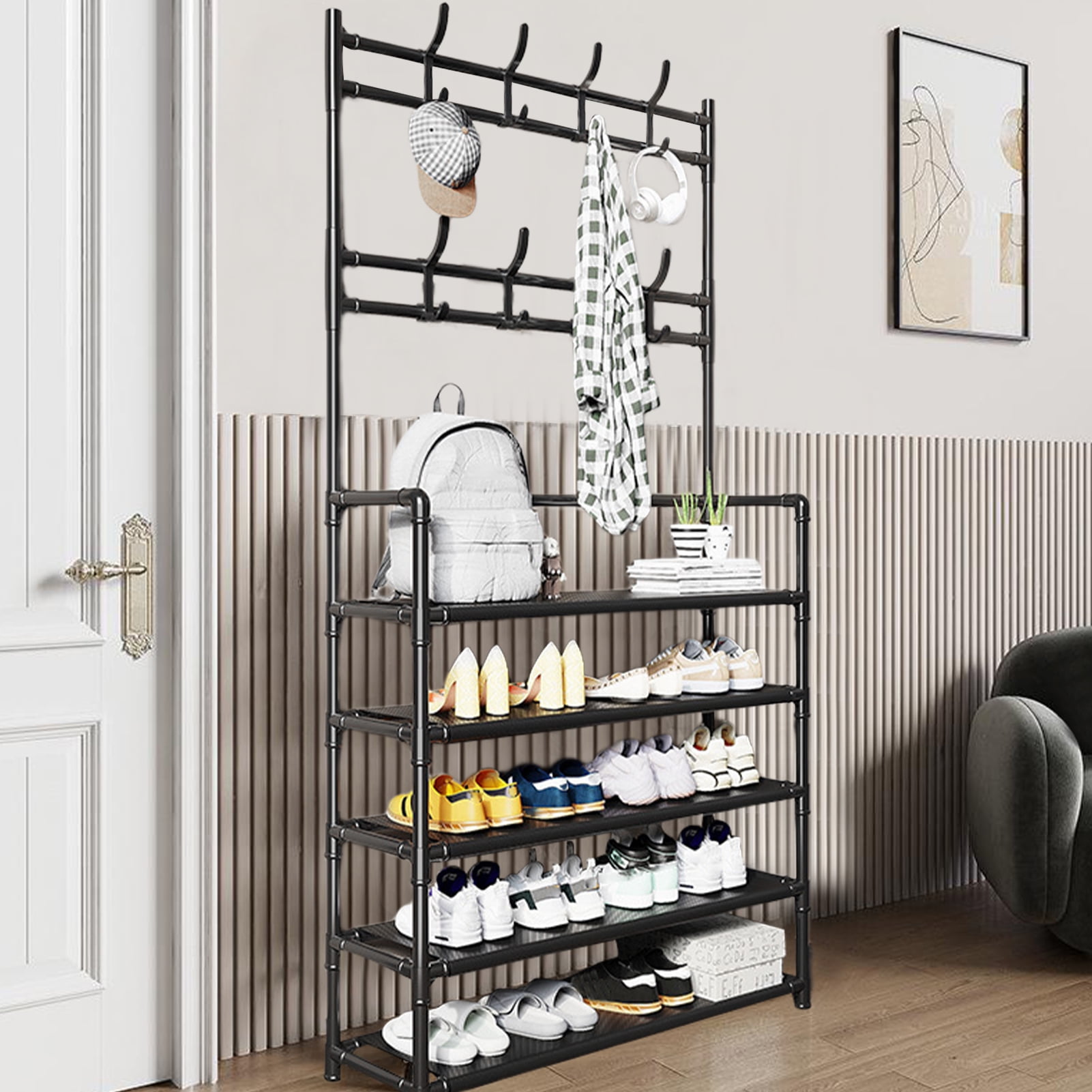 Fogcroll Coat Rack with Shoe Storage, 5-Tier Shoe and Coat Rack with 8 ...