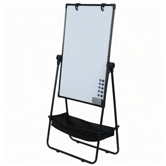 Fogcroll Double Sided Portable Mobile Writing Whiteboard with Storage Basket, Standing White Board, Portable Magnetic Dry Erase Board with Stand, Height Adjustable Easel Style Rolling Whiteboard