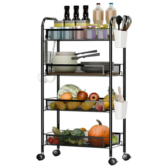 Fogcroll Fruit Vegetable Basket Fruit Basket for Kitchen,4 Tier Stackable Carbon Steel Wire 360 Degree Swivel Basket Cart with Rolling Wheels, Utility Rack for Kitchen, Pantry, Bathroom