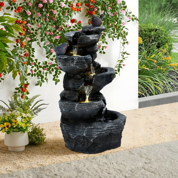 Fogcroll Large Rock Falls Cascading Tabletop Water Fountain with LED Lights, 5-Tiers Cascading Indoor Outdoor Garden Water Fountain