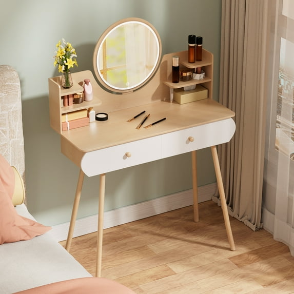 Fogcroll Makeup Table Vanity Desk Bedroom Dressing Table with LED Lighted Mirror,Vanity Table with 2 Drawers and Opening Shelves,3 Modes Brightness Adjustable