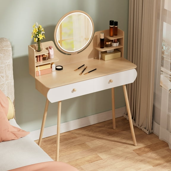 Fogcroll Makeup Table Vanity Desk Bedroom Dressing Table with LED Lighted Mirror,Vanity Table with 2 Drawers and Opening Shelves,3 Modes Brightness Adjustable