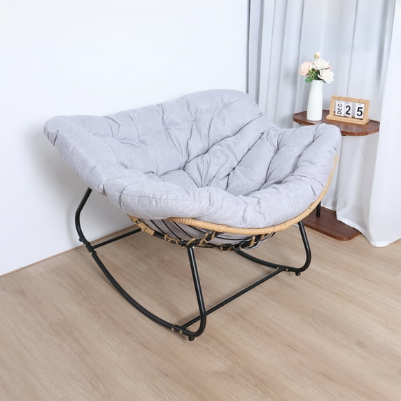 Fogcroll Outdoor Rattan Rocking Chair Patio Comfy Reading Chair Indoor Recliner Wide Rocking Chair with Oversized Cushion Strong Load-Bearing for Balcony, Front Porch, Garden, Living Room