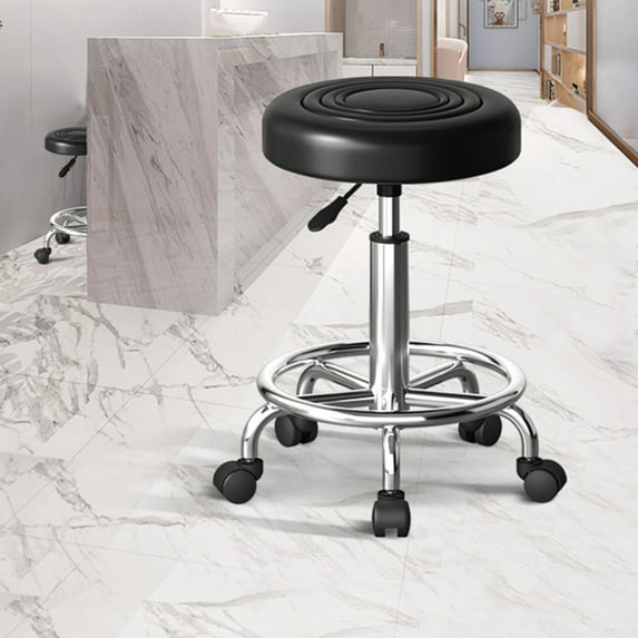 Fogcroll Round Rolling Stool Chair Faux Swivel Bar Stools Leather Cushioned Office Shop Stool, With Metal Frame Height Adjustable Shop Stool 360-Degree Swivel with Wheels Office Chair