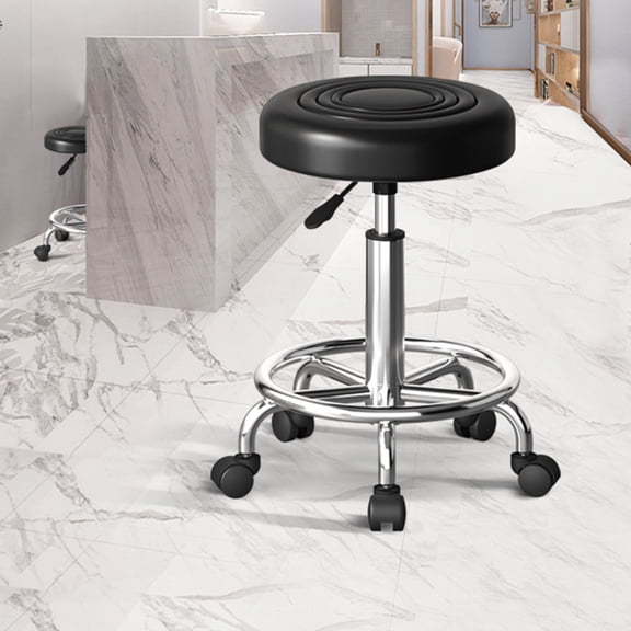 Fogcroll Round Rolling Stool Chair Faux Swivel Bar Stools Leather Cushioned Office Shop Stool, With Metal Frame Height Adjustable Shop Stool 360-Degree Swivel with Wheels Office Chair