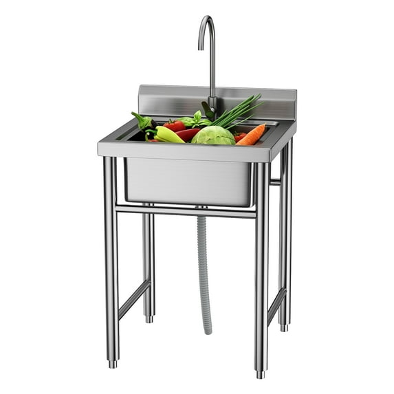 Fogcroll Stainless Steel Utility Sink Laundry Sink Outdoor Sink Freestanding Commercial Kitchen Single Bowl Sink for Restaurant, Laundry Room, Garage (Silver)