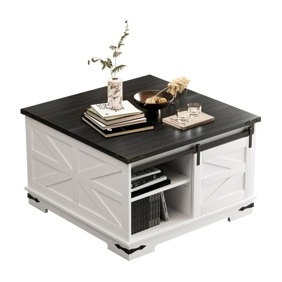 Fogcroll Storage Coffee Table, Modern Farmhouse Coffee Table, Square Wood Center Table with Gas Struts, Extra Large Adjustable Shelf Hidden Storage Space, Metal Bracket Corner