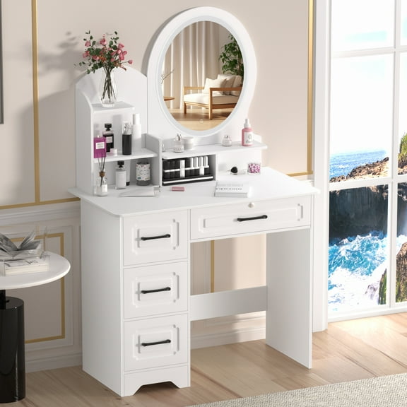 Fogcroll Vanity Desk with Mirror and 3 Model Adjustable LED Lighted Makeup Vanity Table with 4 Large Drawers and 3 Open Shelves Easy Assembly for Bedroom and Dressing Room