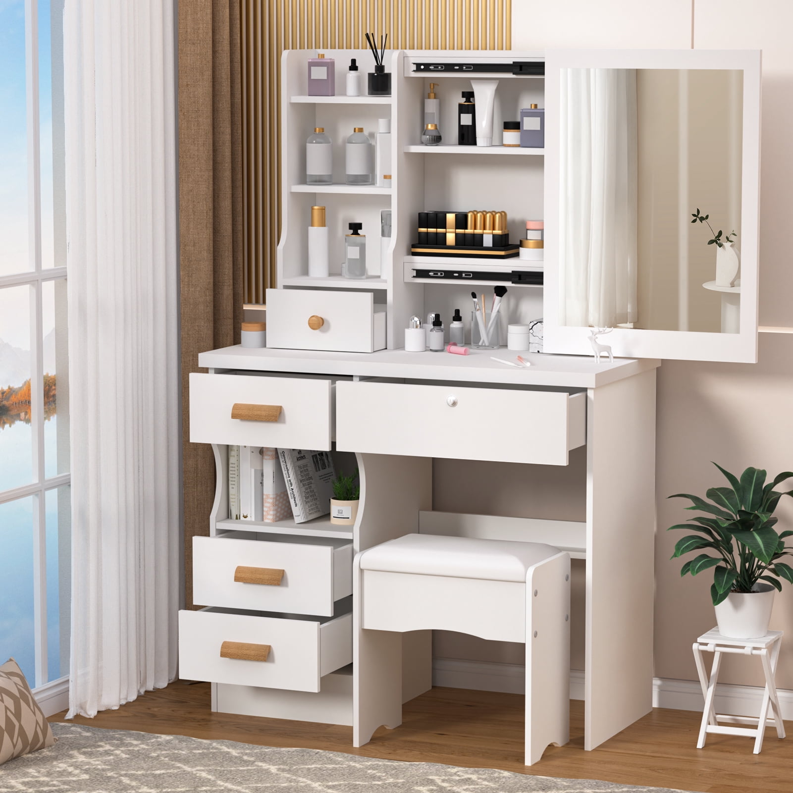 Fogcroll Vanity Desk with Sliding Mirror Dressing Table Makeup Table ...