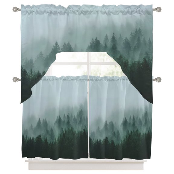 Fogged Mist Forest Kitchen Curtains Swag Valance and Tier Curtains Set 36 Inch Length, Botanical Green Pines Peaks Zen Rod Pocket Drape Panels Pair Swag Curtains for Bathroom/Cafe/Window
